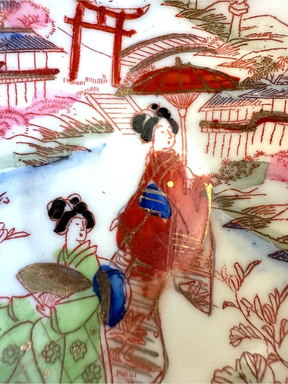 Vintage Japanese Hand Painted Teacup and Saucer Set. Geisha and Floral Landscape